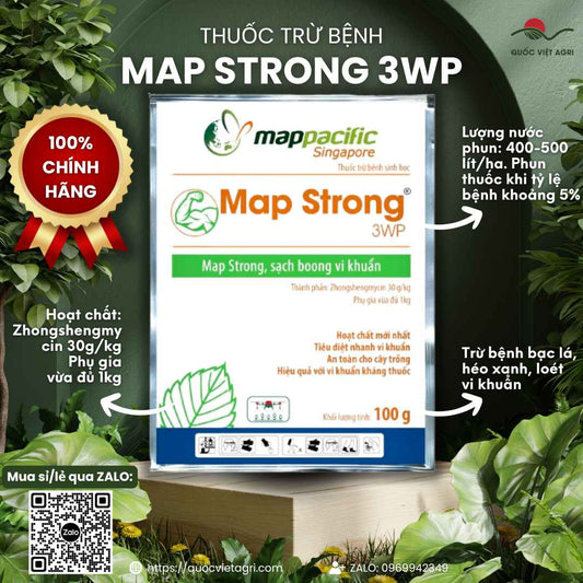 Gói thuốc trừ khuẩn sinh học Map Strong 3WP 100g, với thiết kế bao bì chuyên nghiệp của Map Pacific.
