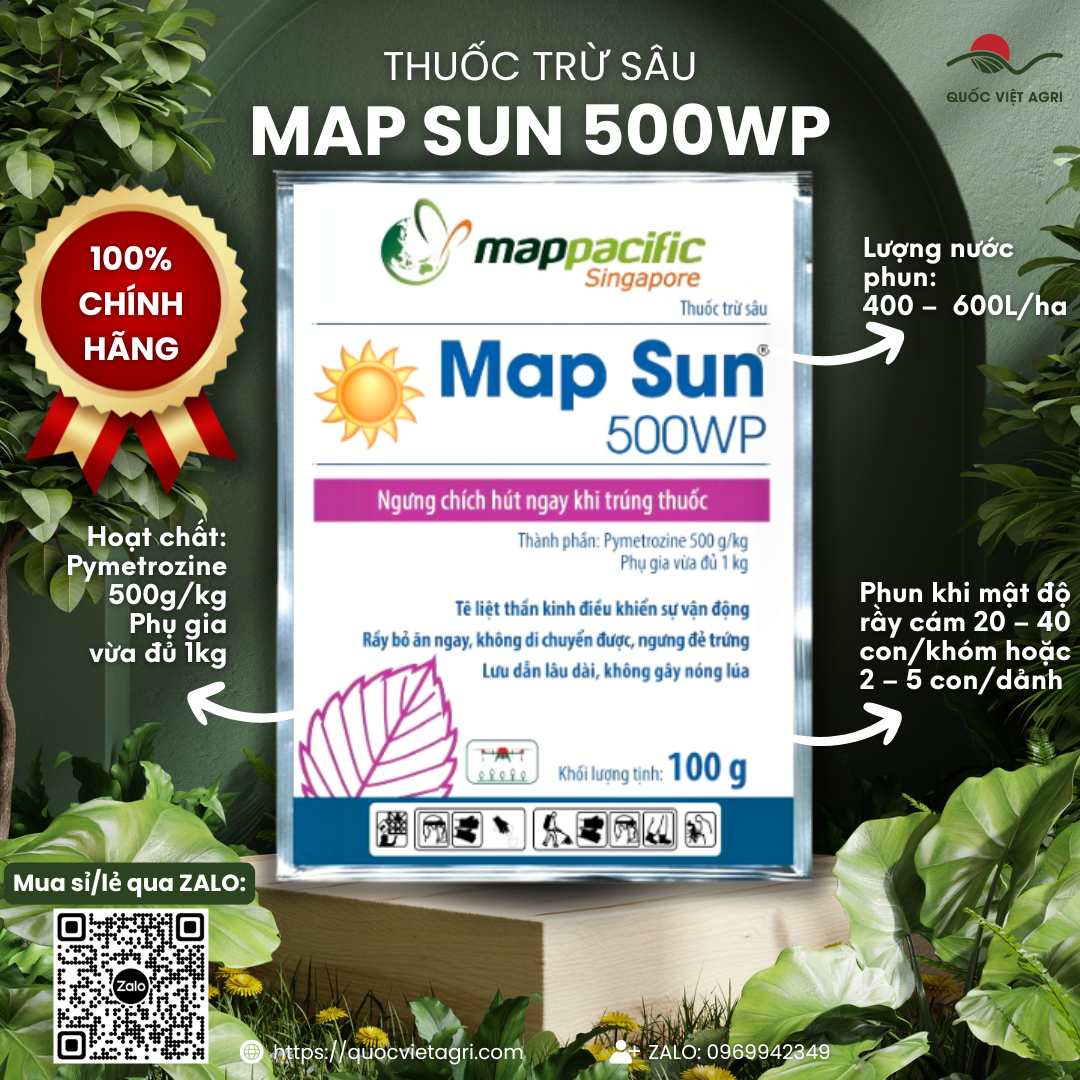 Gói thuốc trừ sâu Map Sun 500WP 100g, với thiết kế bao bì chuyên nghiệp của Map Pacific.