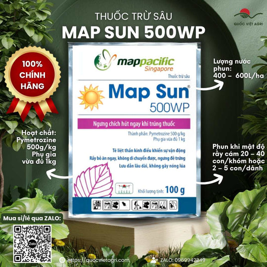 Gói thuốc trừ sâu Map Sun 500WP 100g, với thiết kế bao bì chuyên nghiệp của Map Pacific.