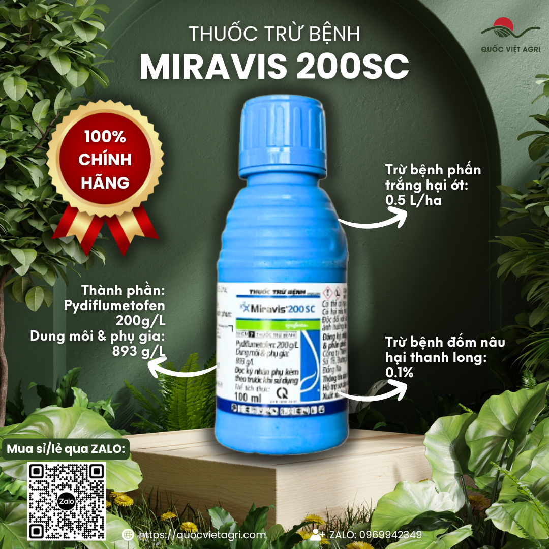 Mặt trước chai thuốc trừ bệnh MIRAVIS 200SC 100ml, hiển thị rõ nét thương hiệu và công dụng đặc trị