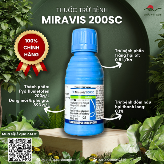 Mặt trước chai thuốc trừ bệnh MIRAVIS 200SC 100ml, hiển thị rõ nét thương hiệu và công dụng đặc trị