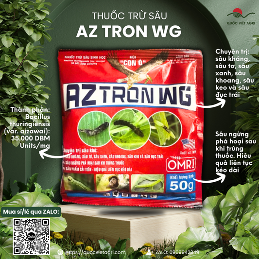 Mặt trước gói thuốc trừ sâu sinh học Aztron WG 50g, có logo BIOSCIENCES.