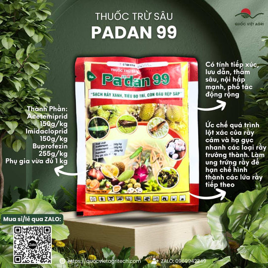 Mặt trước gói thuốc trừ sâu Calira 555WP (Padan 99) 70g, chuyên dùng để đặc trị rầy nâu kháng thuốc, sản phẩm chính hãng của Quốc Việt Agri.

