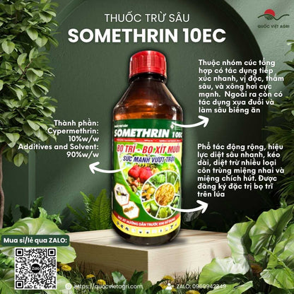 Mặt trước chai thuốc trừ sâu Somethrin 10EC 1 Lít, chuyên dùng để đặc trị bọ trĩ, bọ xít muỗi, sản phẩm chính hãng của Quốc Việt Agri.

