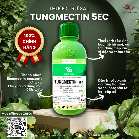 Mặt trước chai thuốc trừ sâu sinh học Tungmectin 5.0EC, dung tích 480ml.