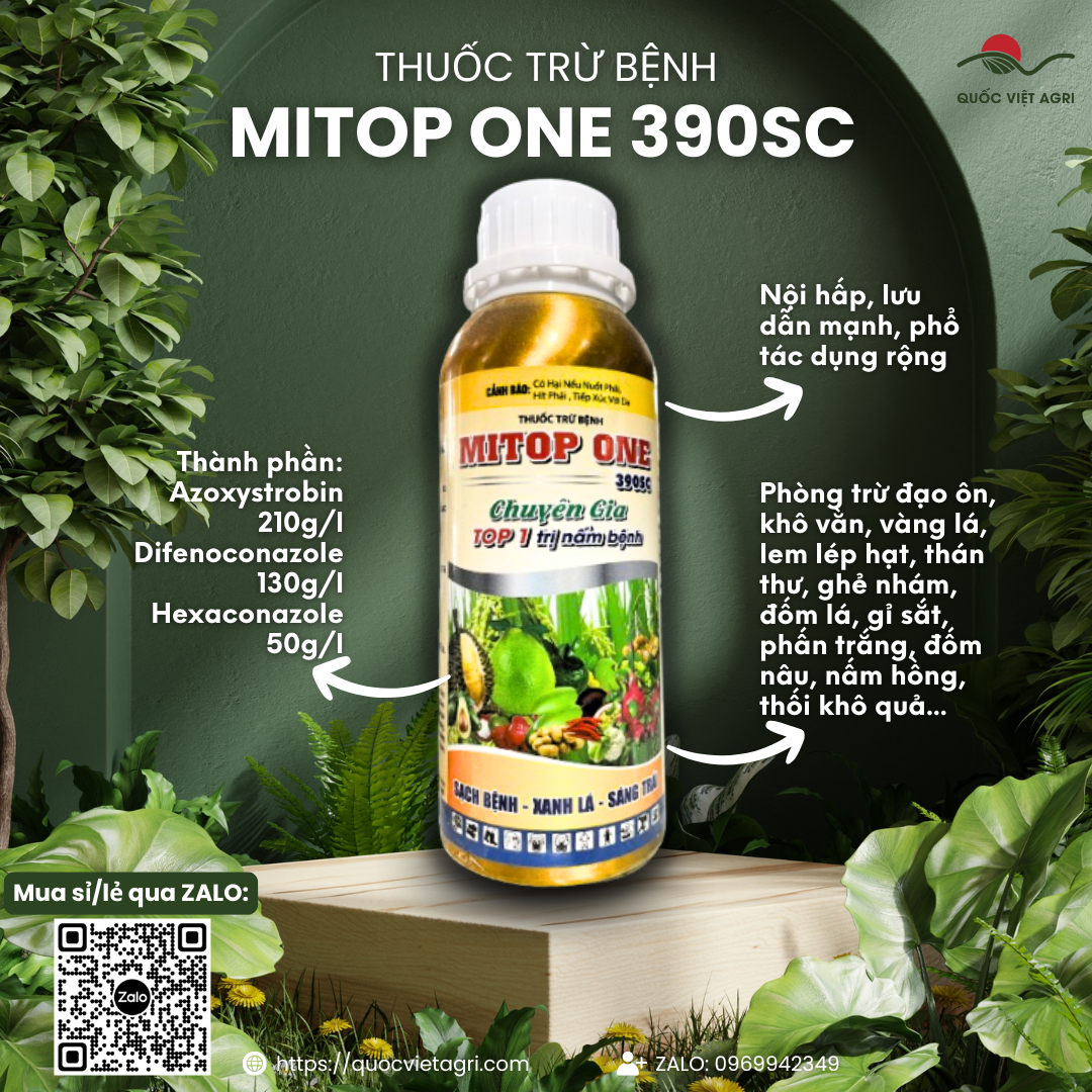 Mặt trước chai thuốc trừ bệnh MITOP ONE 390SC 240ml, nhãn hiệu rõ ràng, sản phẩm của Quốc Việt Agri.