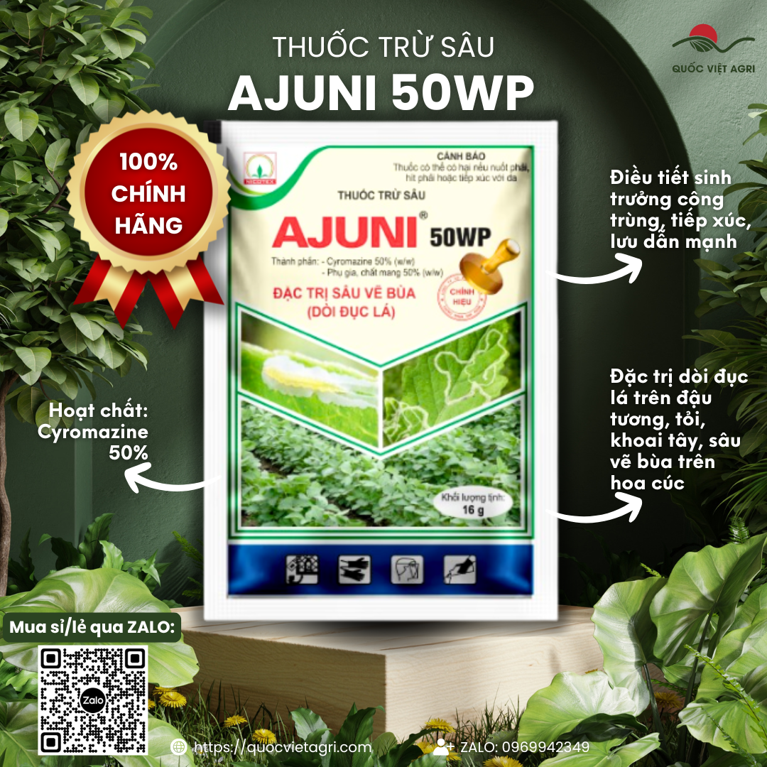 Thuốc Trừ Sâu AJUNI 50WP (16g) – Đặc Trị Sâu Vẽ Bùa, Dòi Đục Lá, Cyromazine 50%