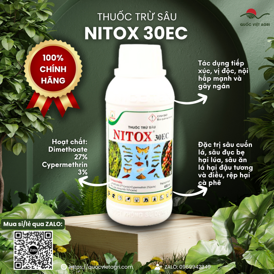 Mặt trước chai thuốc trừ sâu NITOX 30EC 450ml, Dimethoate 27% và Cypermethrin 3%, đặc trị sâu cuốn lá, rệp, sâu ăn lá