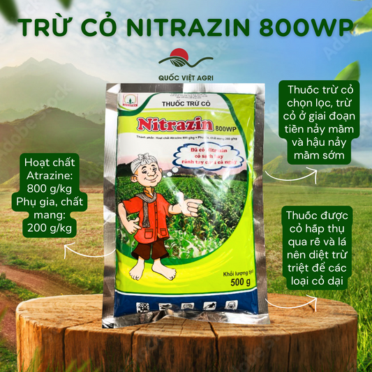 Mặt trước gói thuốc trừ cỏ NITRAZIN 800WP 500g, nhãn hiệu Nicotex rõ ràng, phân phối bởi Quốc Việt Agri.