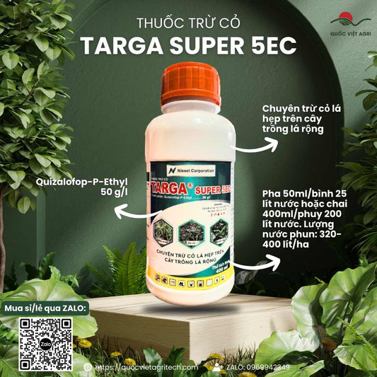 Mặt trước chai thuốc trừ cỏ Targa Super 5EC 400ml, chuyên dùng để diệt cỏ lá hẹp trên cây lá rộng, chất lượng Nhật Bản.

