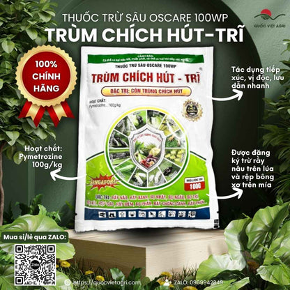Mặt trước gói thuốc trừ sâu OSCARE 100WP (TRÙM CHÍCH HÚT) 100g, chứa hoạt chất Pymetrozine 100g/kg, đặc trị rầy rệp, bọ trĩ.

