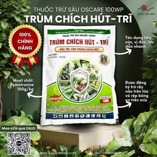 Mặt trước gói thuốc trừ sâu OSCARE 100WP (TRÙM CHÍCH HÚT) 100g, chứa hoạt chất Pymetrozine 100g/kg, đặc trị rầy rệp, bọ trĩ.

