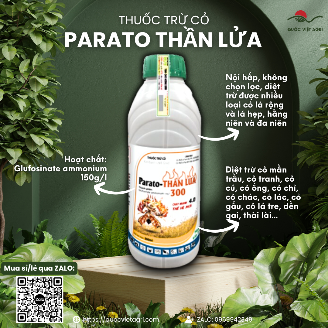 Chai thuốc trừ cỏ Kenbast Parato Thần Lửa 900ml, với thiết kế bao bì mạnh mẽ, nổi bật.