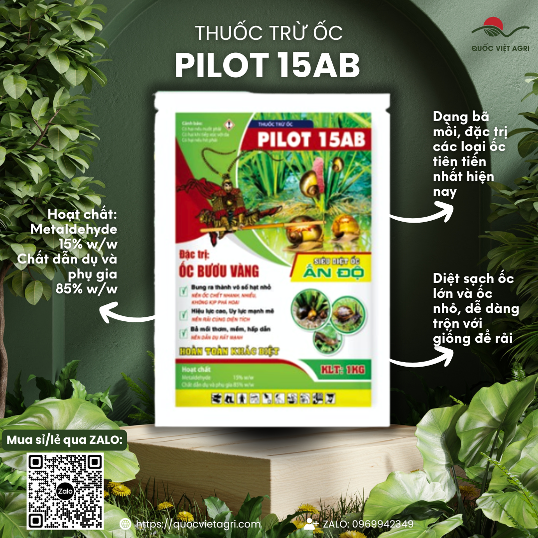 Mặt trước gói thuốc trừ ốc PILOT 15AB 1KG, hiển thị rõ thương hiệu và thông tin sản phẩm.