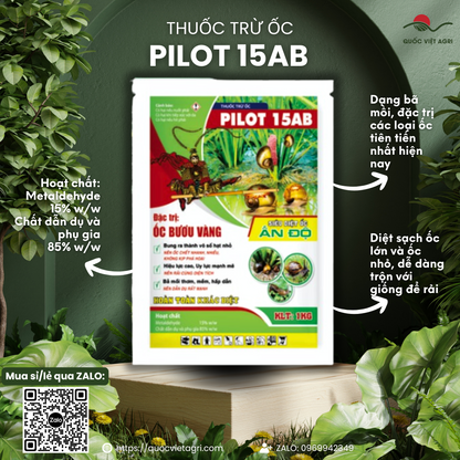 Mặt trước gói thuốc trừ ốc PILOT 15AB 1KG, hiển thị rõ thương hiệu và thông tin sản phẩm.