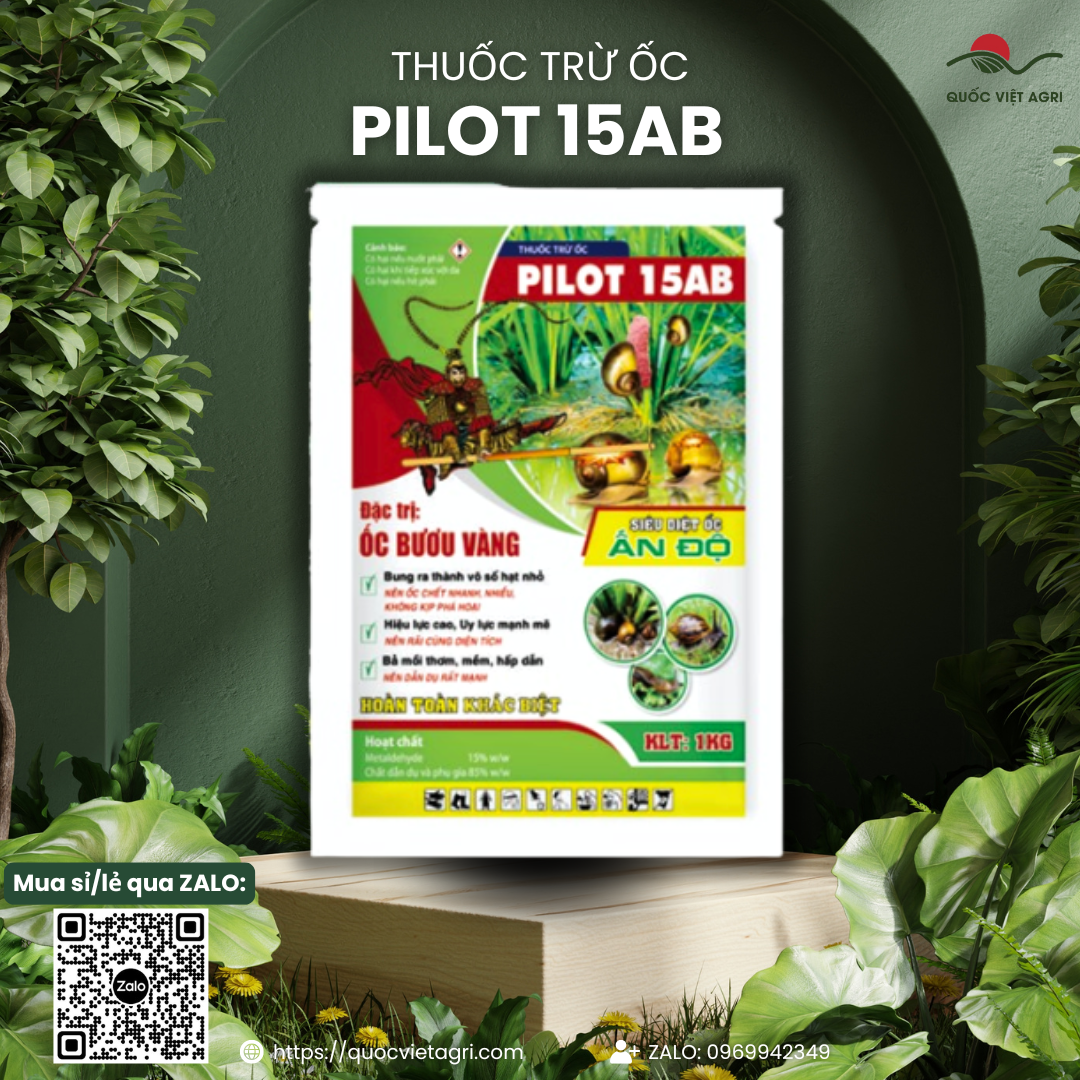 Mặt sau gói thuốc trừ ốc PILOT 15AB 1KG với hướng dẫn sử dụng chi tiết và thông tin thành phần