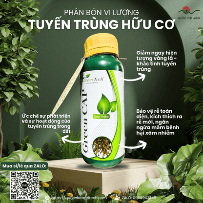 Mặt trước chai Phân bón vi lượng TUYẾN TRÙNG HỮU CƠ (Green Cap) 500ml, nhãn hiệu rõ ràng, sản phẩm của Quốc Việt Agri.