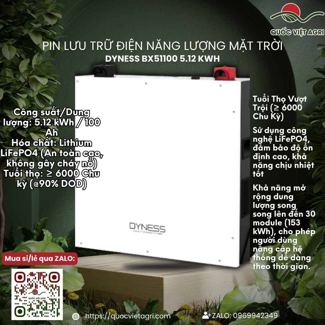 Mặt trước module pin lưu trữ Dyness BX51100 (5.12 kWh), công nghệ LiFePO4, thiết kế xếp chồng.