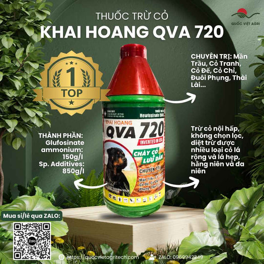 Mặt trước chai thuốc trừ cỏ Khai Hoang QVA 720 USA 900ml, chuyên dùng để khai hoang, diệt cỏ tranh, cỏ chỉ, sản phẩm chính hãng của Quốc Việt Agri.