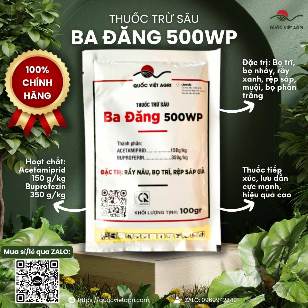 Mặt trước gói thuốc trừ sâu Ba Đăng 500WP 100g Mẫu Mới, chuyên dùng để đặc trị rệp sáp, bọ trĩ, sản phẩm chính hãng của Quốc Việt Agri.

