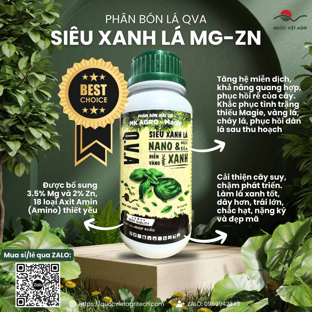 Mặt trước chai phân bón Siêu Xanh Lá Nano & Magie Kẽm 450ml, chuyên dùng để trị vàng lá, phục hồi cây.