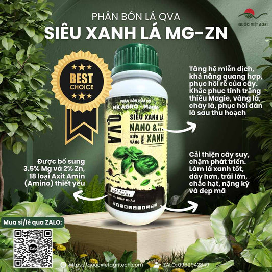 Mặt trước chai phân bón Siêu Xanh Lá Nano & Magie Kẽm 450ml, chuyên dùng để trị vàng lá, phục hồi cây.