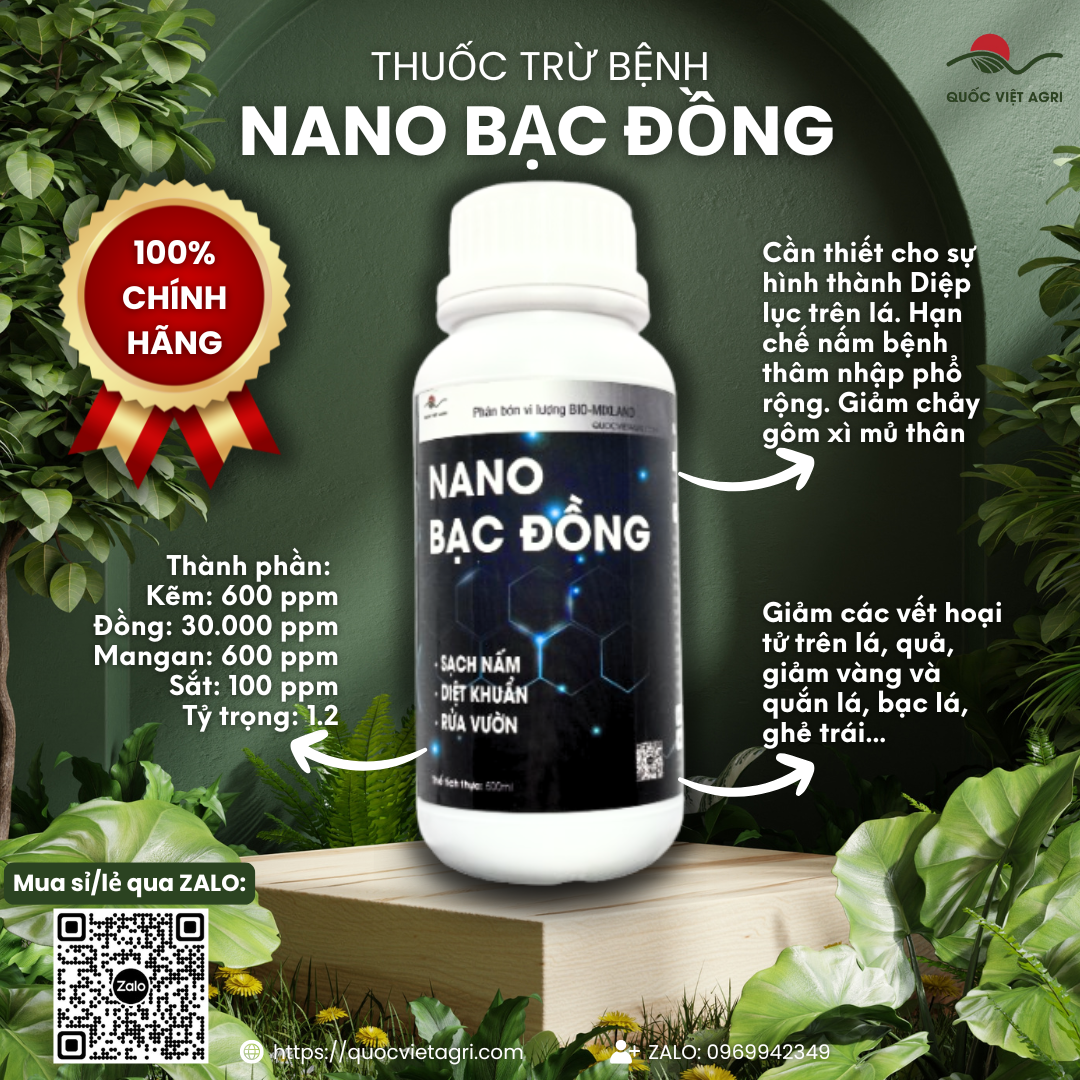Mặt trước chai Nano Bạc Đồng 500ml, nhãn hiệu rõ ràng, sản phẩm của Quốc Việt Agri, diệt nấm rong rêu.