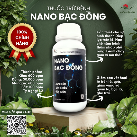 Mặt trước chai Nano Bạc Đồng 500ml, nhãn hiệu rõ ràng, sản phẩm của Quốc Việt Agri, diệt nấm rong rêu.