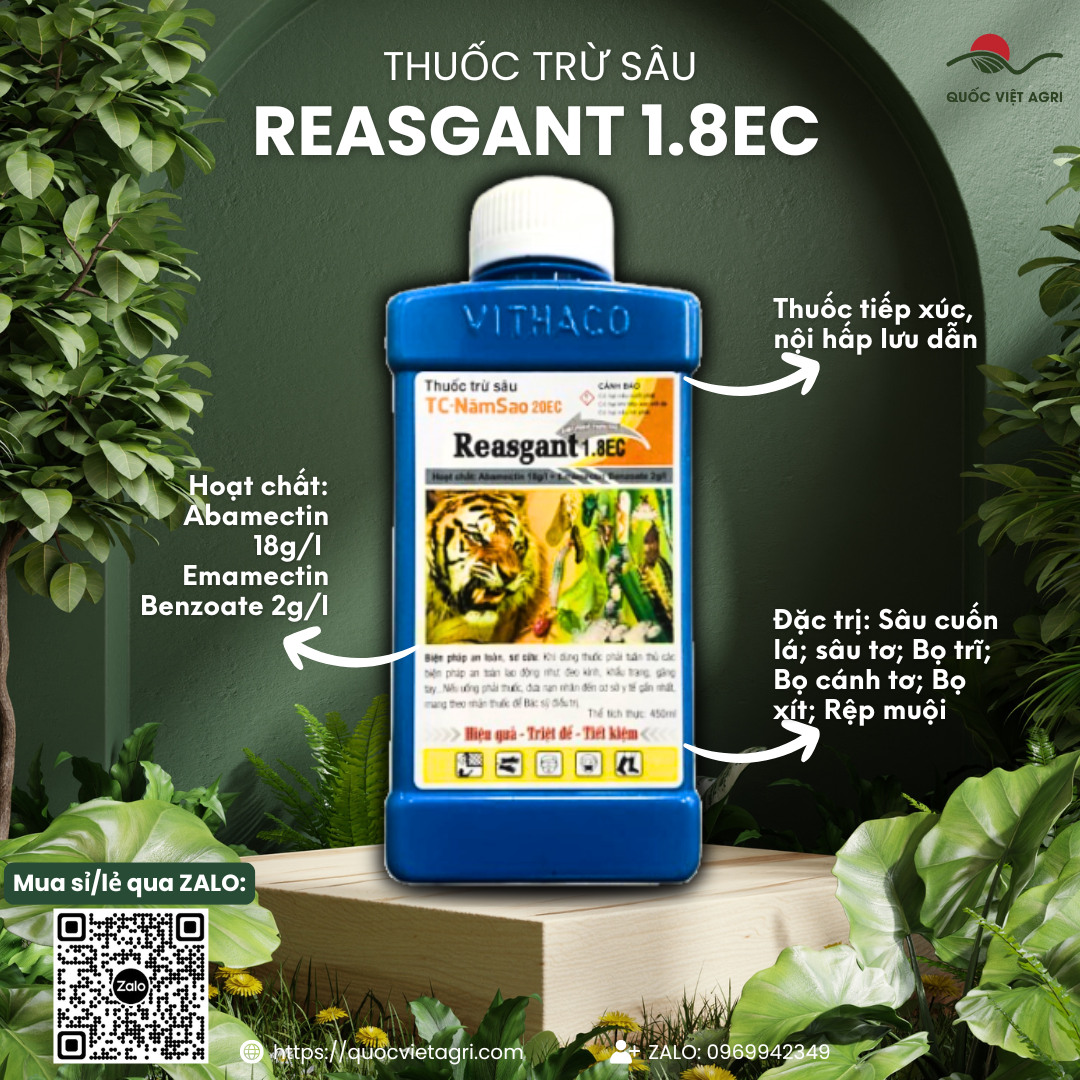 Mặt trước chai thuốc trừ sâu REASGANT 1.8EC 450ml, nhãn hiệu rõ ràng, sản phẩm của Quốc Việt Agri.