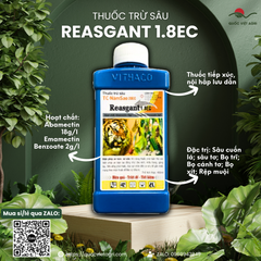 Mặt trước chai thuốc trừ sâu REASGANT 1.8EC 450ml, nhãn hiệu rõ ràng, sản phẩm của Quốc Việt Agri.