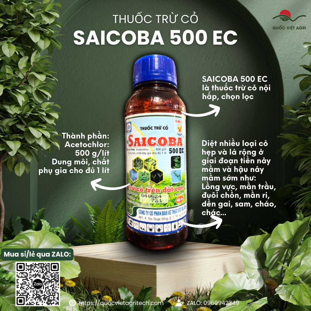 Mặt trước chai thuốc trừ cỏ mầm Saicoba 500EC 400ml, chuyên dùng để diệt cỏ cho bắp, khoai mì, sản phẩm chính hãng của Quốc Việt Agri.
