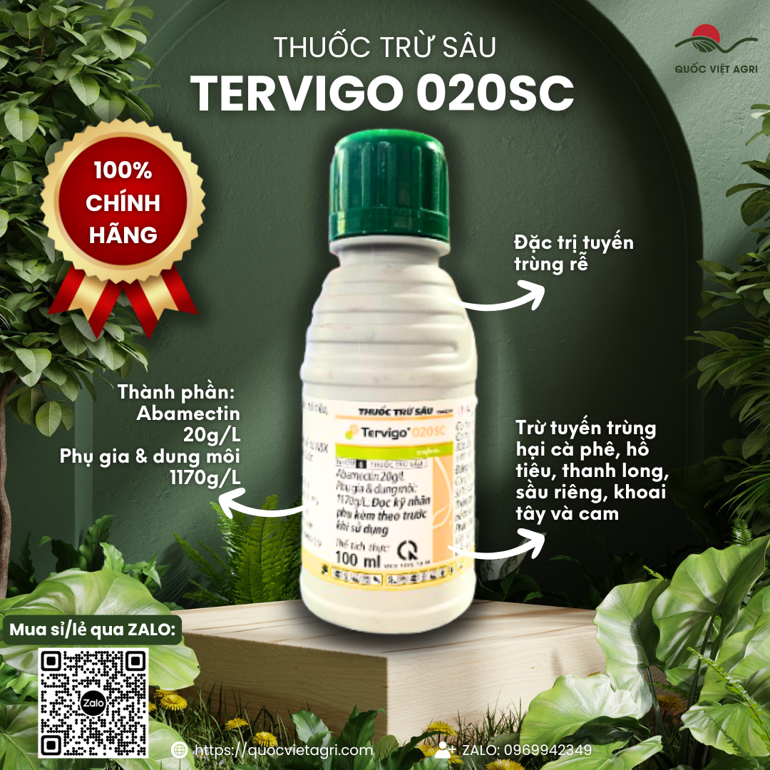 Mặt trước chai thuốc trừ sâu tuyến trùng TERVIGO 020SC Syngenta 100ml, nhãn hiệu Syngenta rõ ràng, phân phối bởi Quốc Việt Agri.