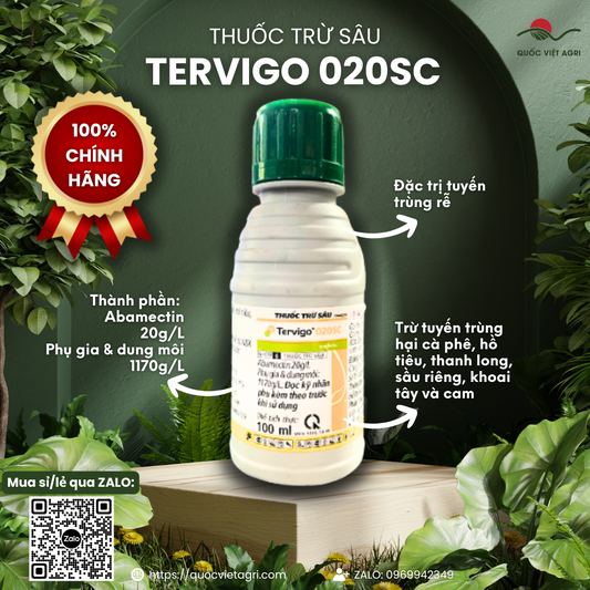 Mặt trước chai thuốc trừ sâu tuyến trùng TERVIGO 020SC Syngenta 100ml, nhãn hiệu Syngenta rõ ràng, phân phối bởi Quốc Việt Agri.