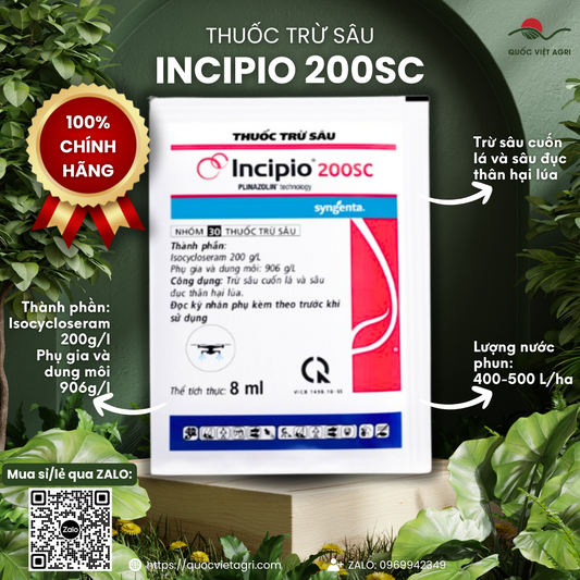 Gói thuốc trừ sâu INCIPIO 200SC 8ml từ Syngenta, mặt trước với thông tin rõ về hoạt chất và công dụng diệt sâu cuốn lá, sâu đục thân.