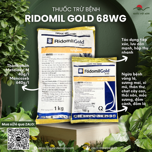 Mặt trước gói thuốc trừ bệnh RIDOMIL GOLD 68WG Syngenta (100g hoặc 1KG), nhãn hiệu Syngenta rõ ràng, phân phối bởi Quốc Việt Agri.