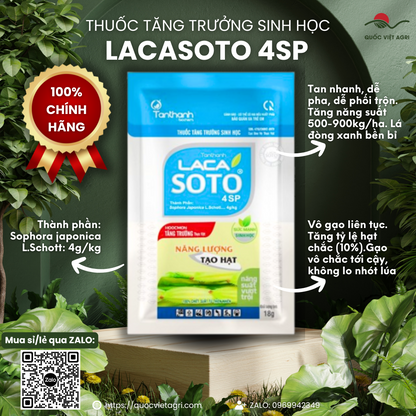 Mặt trước gói phân bón lá LACASOTO (Tân Thành) 18g, nhãn hiệu rõ ràng, chuyên dùng cho lúa vô gạo, phân phối bởi Quốc Việt Agri.