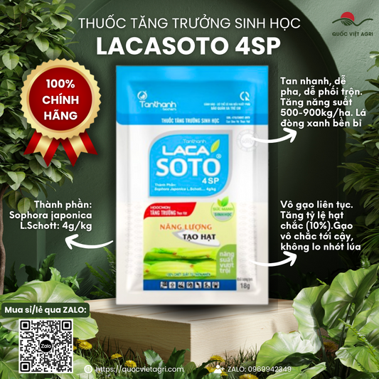 Mặt trước gói phân bón lá LACASOTO (Tân Thành) 18g, nhãn hiệu rõ ràng, chuyên dùng cho lúa vô gạo, phân phối bởi Quốc Việt Agri.