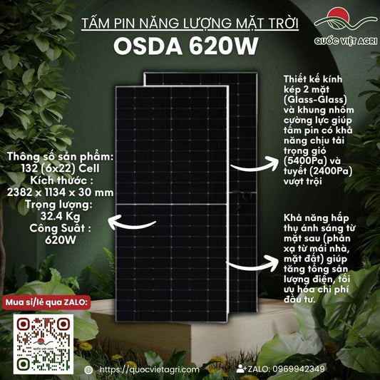 Mặt trước tấm pin năng lượng mặt trời OSDA 620W N-Type Bifacial, hiệu suất 23.8%, chính hãng.