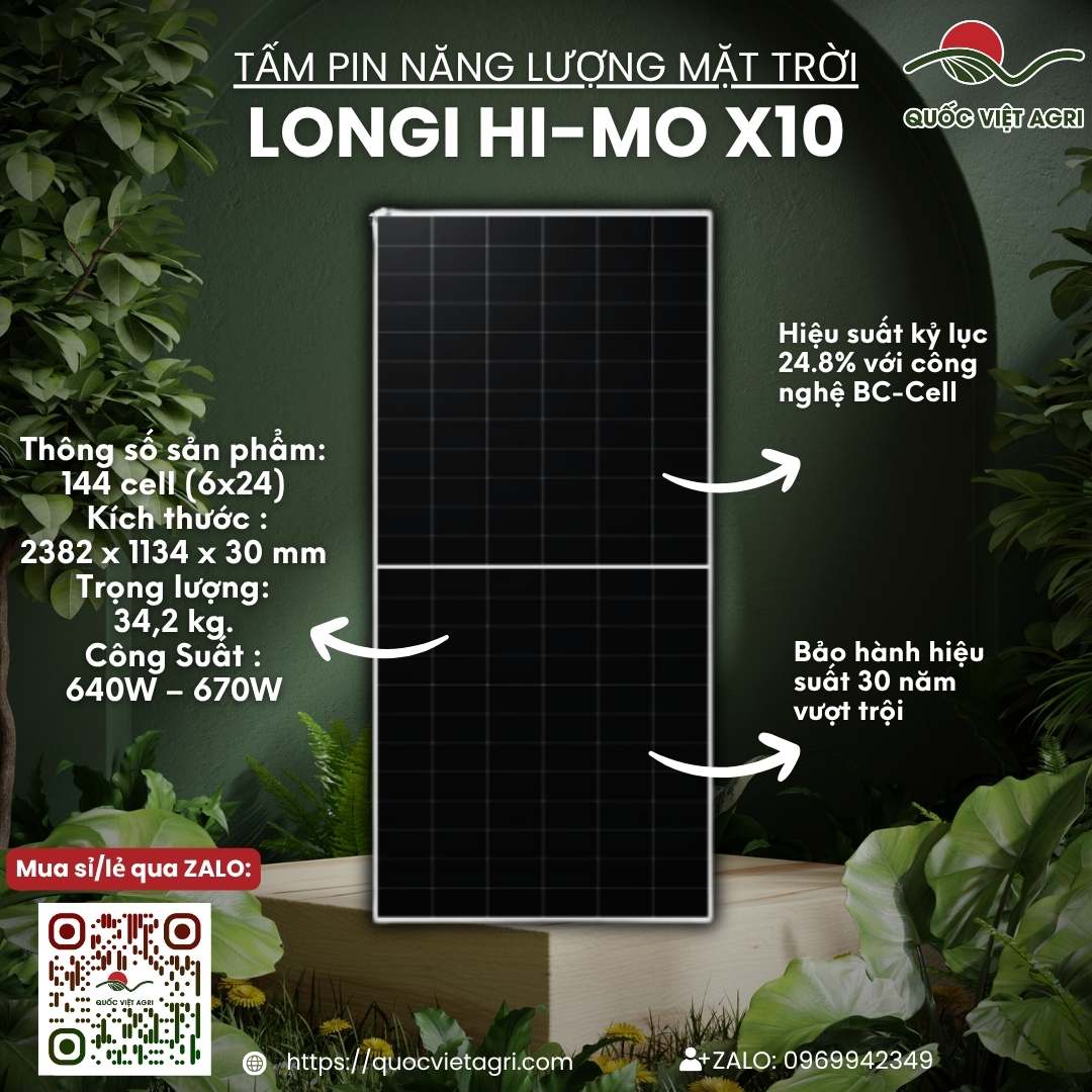 Mặt trước tấm pin năng lượng mặt trời LONGi Hi-MO X10 670W, công nghệ BC-Cell tiên tiến, hiệu suất 24.8%.