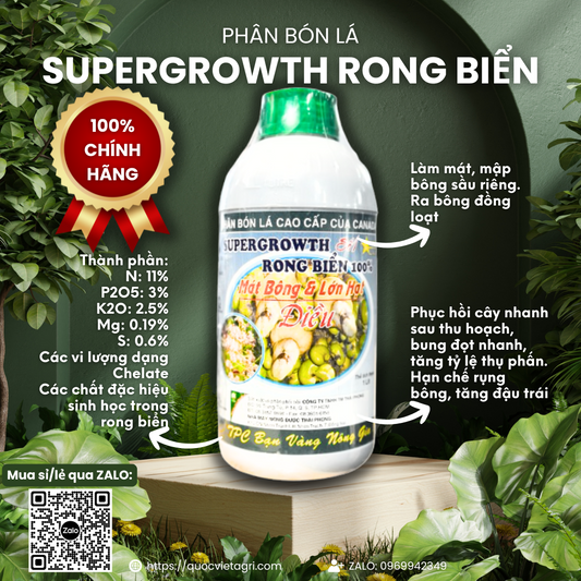 Chai phân bón lá Supergrowth Rong Biển 1 lít, chuyên dụng làm mát bông, lớn hạt điều, hiển thị rõ thương hiệu và thành phần chính