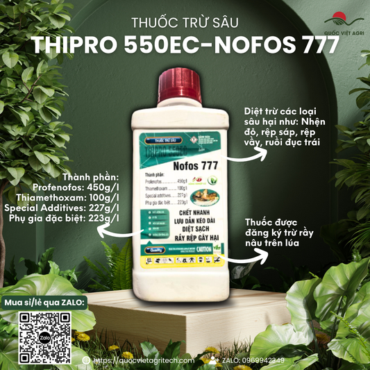 Mặt trước chai thuốc trừ sâu THIPRO 550EC (NOFOS 777) 450ml, nhãn hiệu rõ ràng, sản phẩm của Quốc Việt Agri.