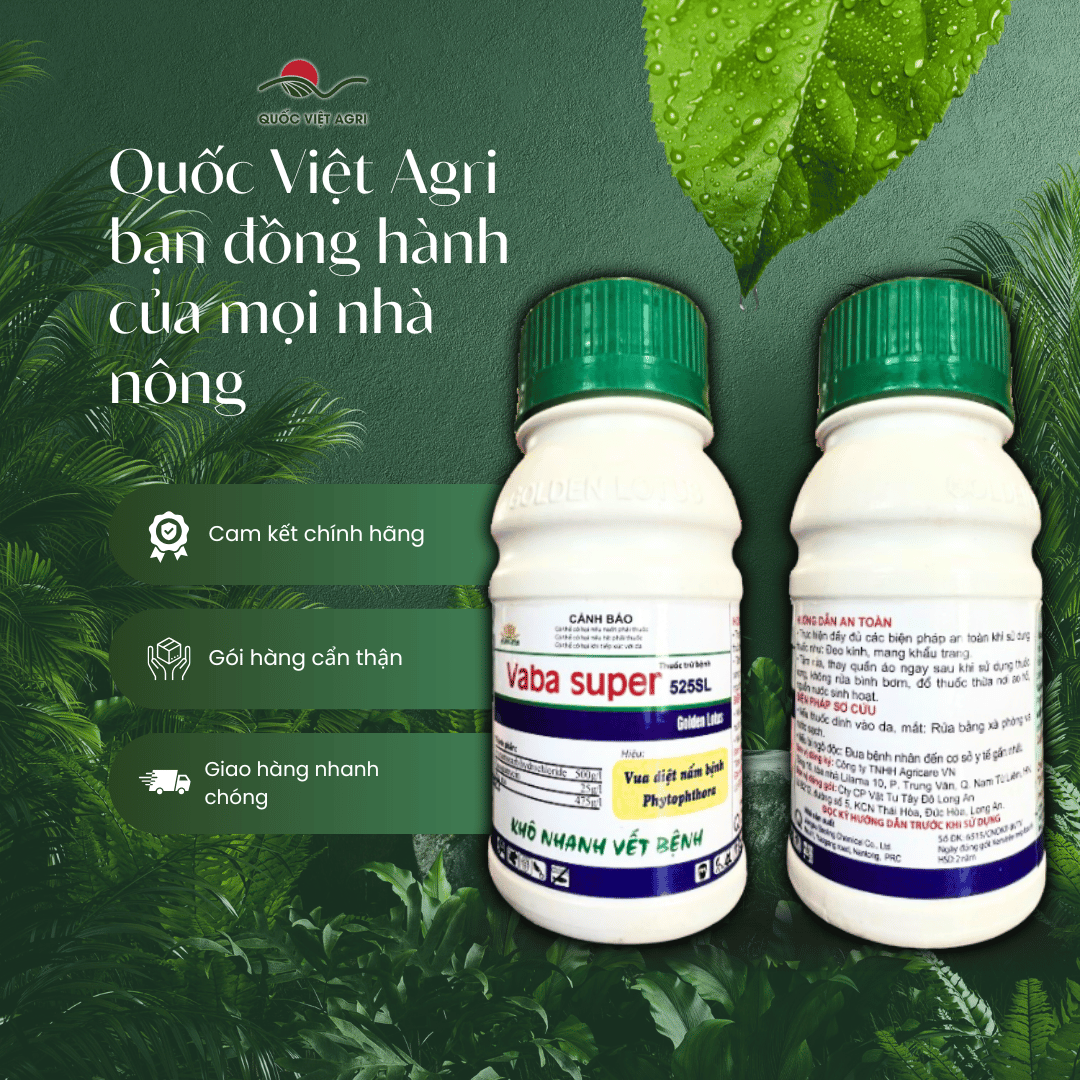 Hình ảnh tổng thể chai thuốc trừ bệnh VABA SUPER 525SL 500ml hiển thị đầy đủ thông tin sản phẩm từ cả hai mặt
