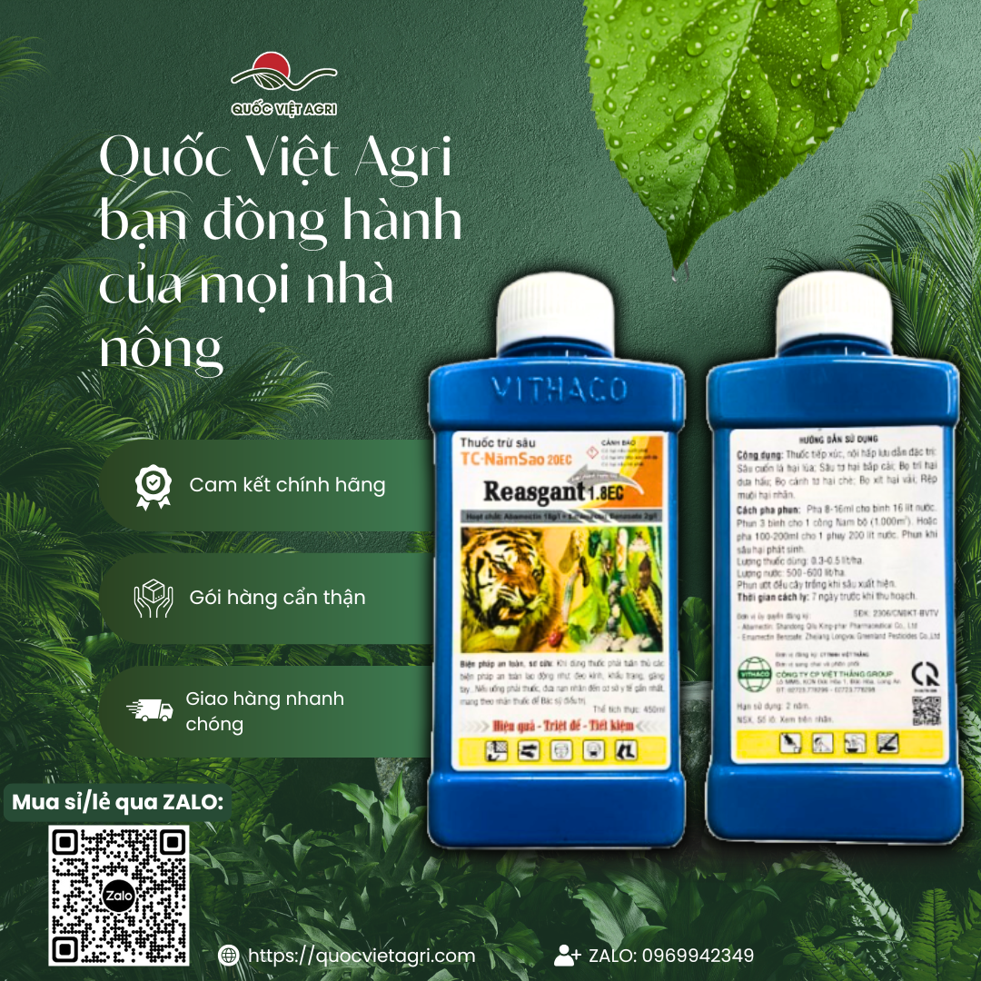 Hình ảnh hai mặt (trước và sau) của chai thuốc trừ sâu REASGANT 1.8EC 450ml, đầy đủ nhãn mác và thông tin sản phẩm.