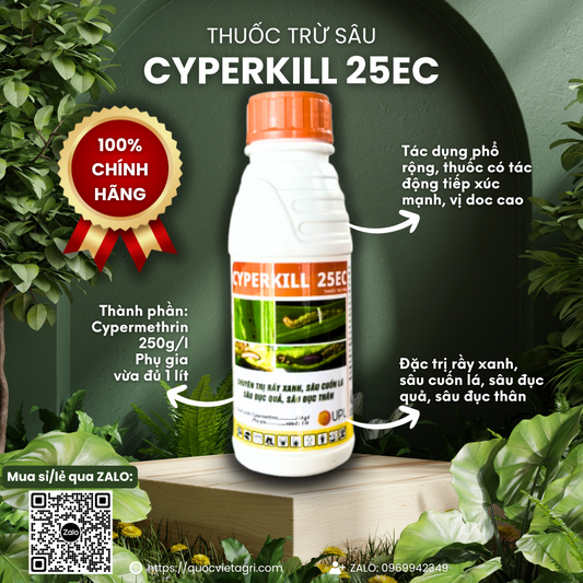 Chai thuốc trừ sâu CYPERKILL 25EC 450ml, mặt trước hiển thị rõ thương hiệu UPL và công dụng đặc trị rầy xanh, sâu cuốn lá, đục quả, đục thân.