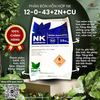 Phân Bón NITROKAS NK 12-0-43+Zn+Cu (Gói 2KG) | KNO3 Tinh Khiết Kích Ra Hoa, Nuôi Trái | Quốc Việt Agri