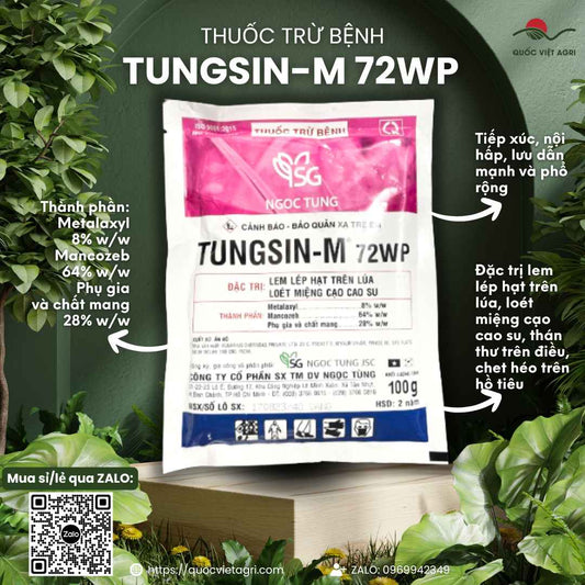 Thuốc Trừ Nấm TUNGSIN-M 72WP (Gói 100g) – Trừ Nấm Metalaxyl + Mancozeb, Trị Lem Lép Hạt, Loét Miệng Cạo – Quốc Việt Agri