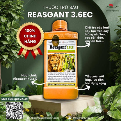 Mặt trước chai thuốc trừ sâu sinh học Reasgant 3.6EC 450ml, chuyên dùng để đặc trị nhện đỏ, sâu cuốn lá, sản phẩm chính hãng của Quốc Việt Agri.

