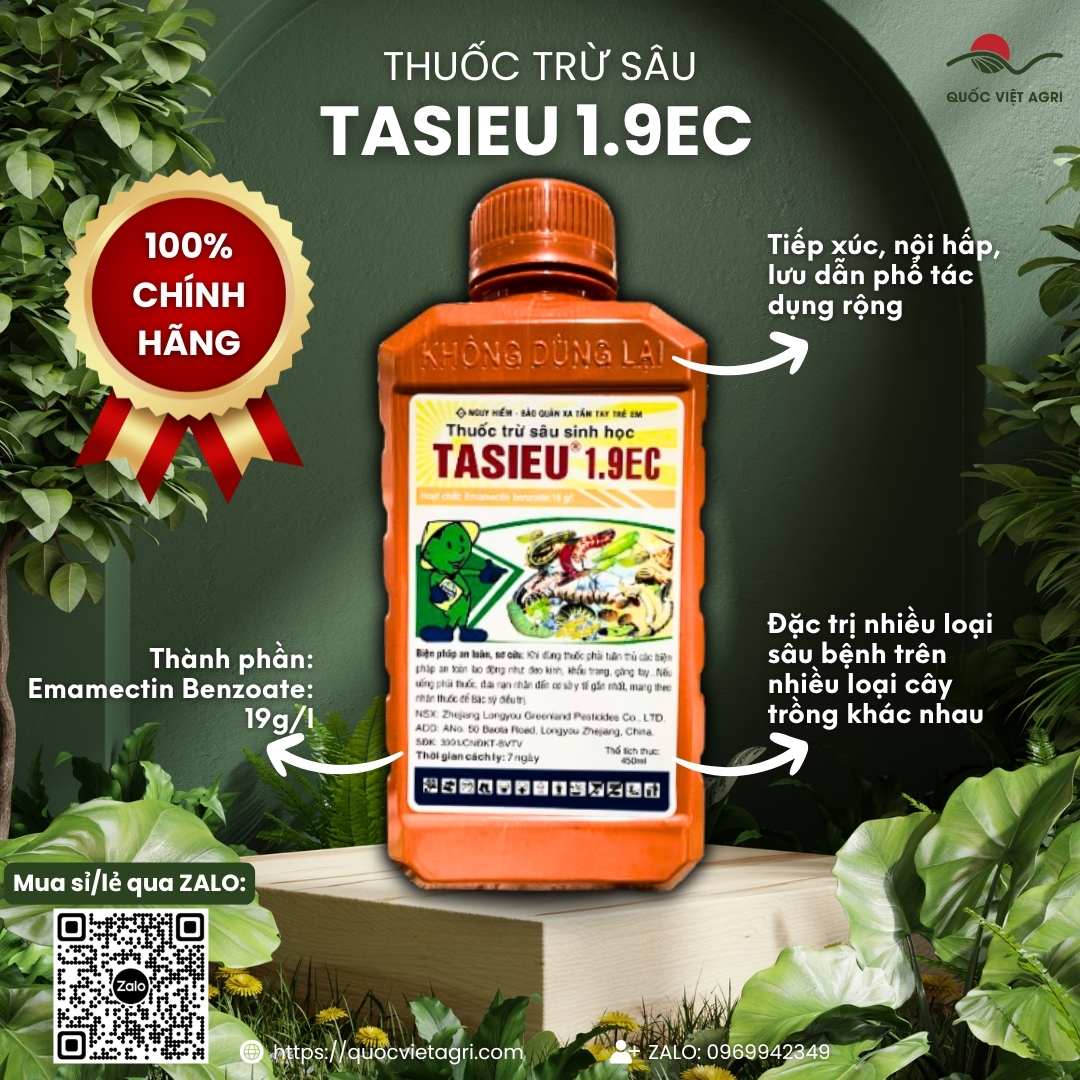 Mặt trước chai thuốc trừ sâu sinh học Tasieu 1.9EC 450ml, chuyên dùng để đặc trị nhện đỏ, sâu cuốn lá, sản phẩm chính hãng của Quốc Việt Agri.
