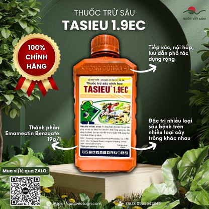 Mặt trước chai thuốc trừ sâu sinh học Tasieu 1.9EC 450ml, chuyên dùng để đặc trị nhện đỏ, sâu cuốn lá, sản phẩm chính hãng của Quốc Việt Agri.