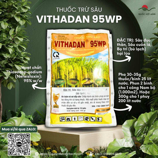 Mặt trước gói thuốc trừ sâu Vithadan 95WP 100g, chuyên dùng để đặc trị sâu đục thân, sâu cuốn lá, sản phẩm chính hãng của VITHACO.

